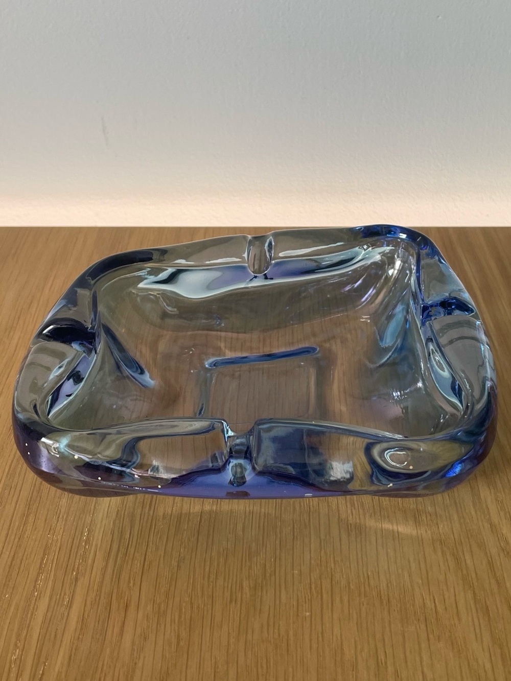 Vintage MCM Iridescent Amoeba Blue Art Glass Ash Tray Trinket Catchall Dish